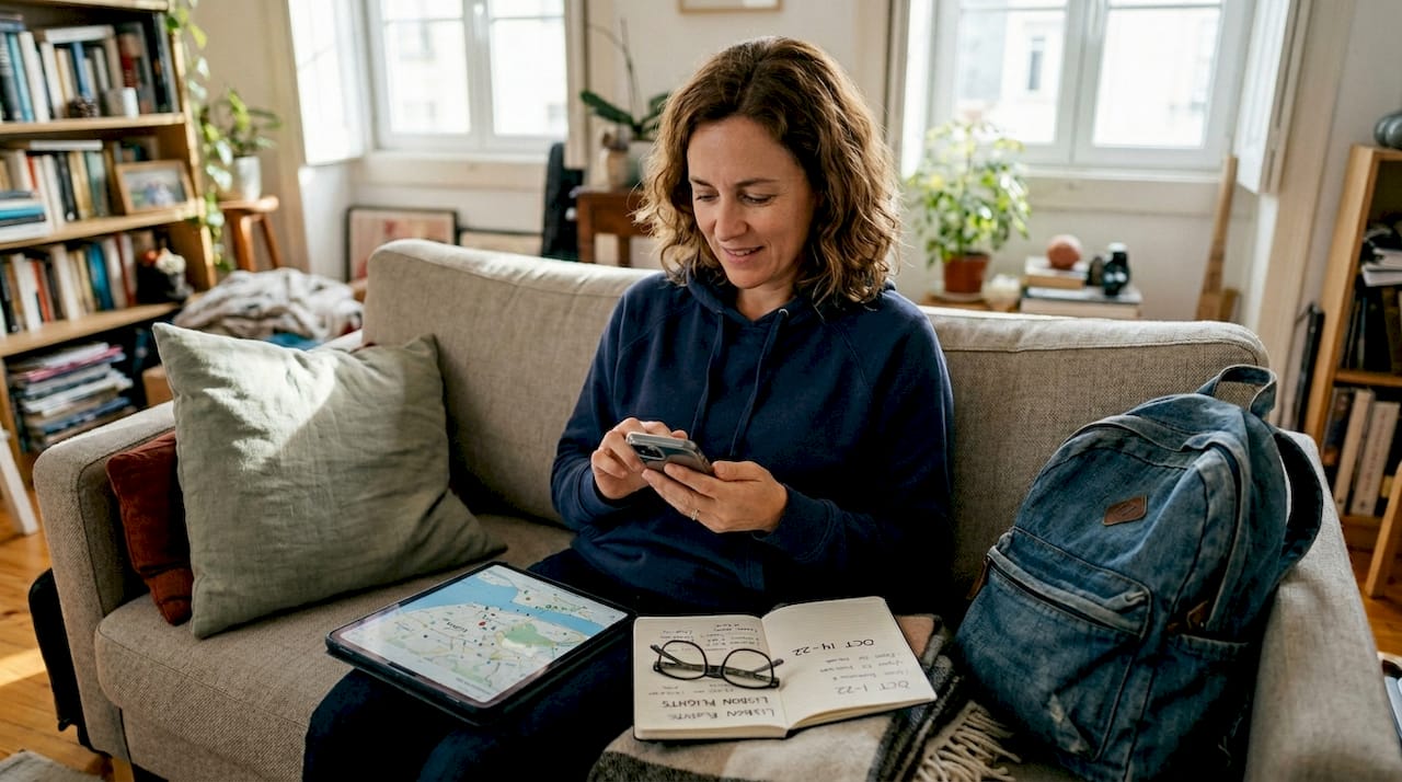 Woman using travel apps on smartphone