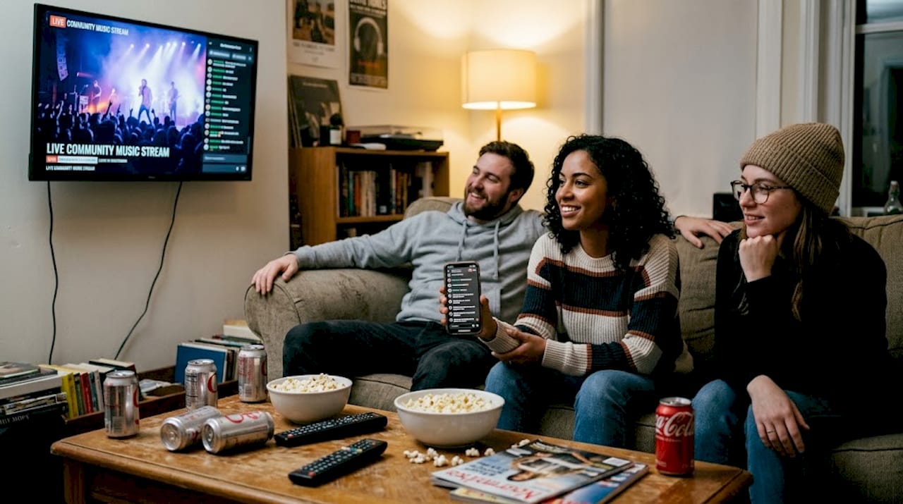 Friends attending online music listening event