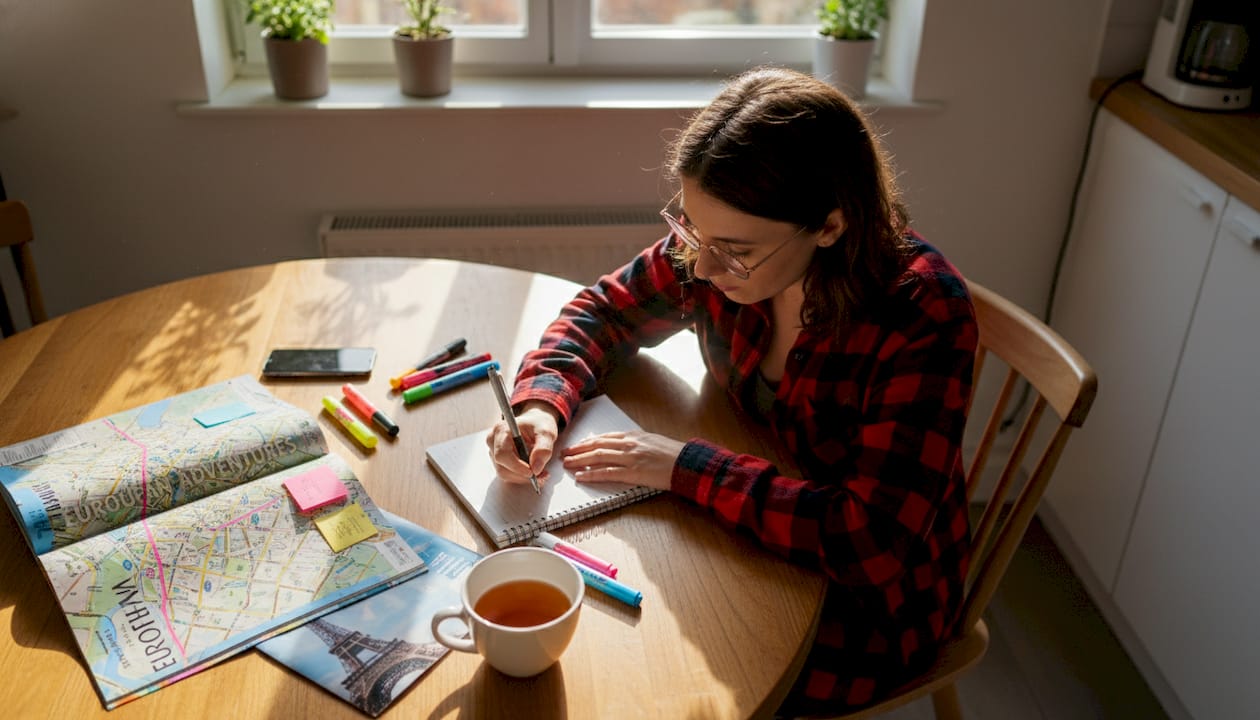 Woman planning trip with guidebook at kitchen table