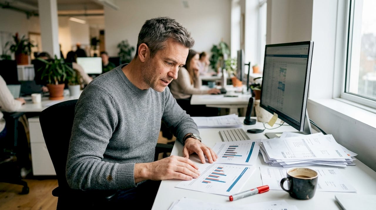 Analyst comparing charts at open-plan desk
