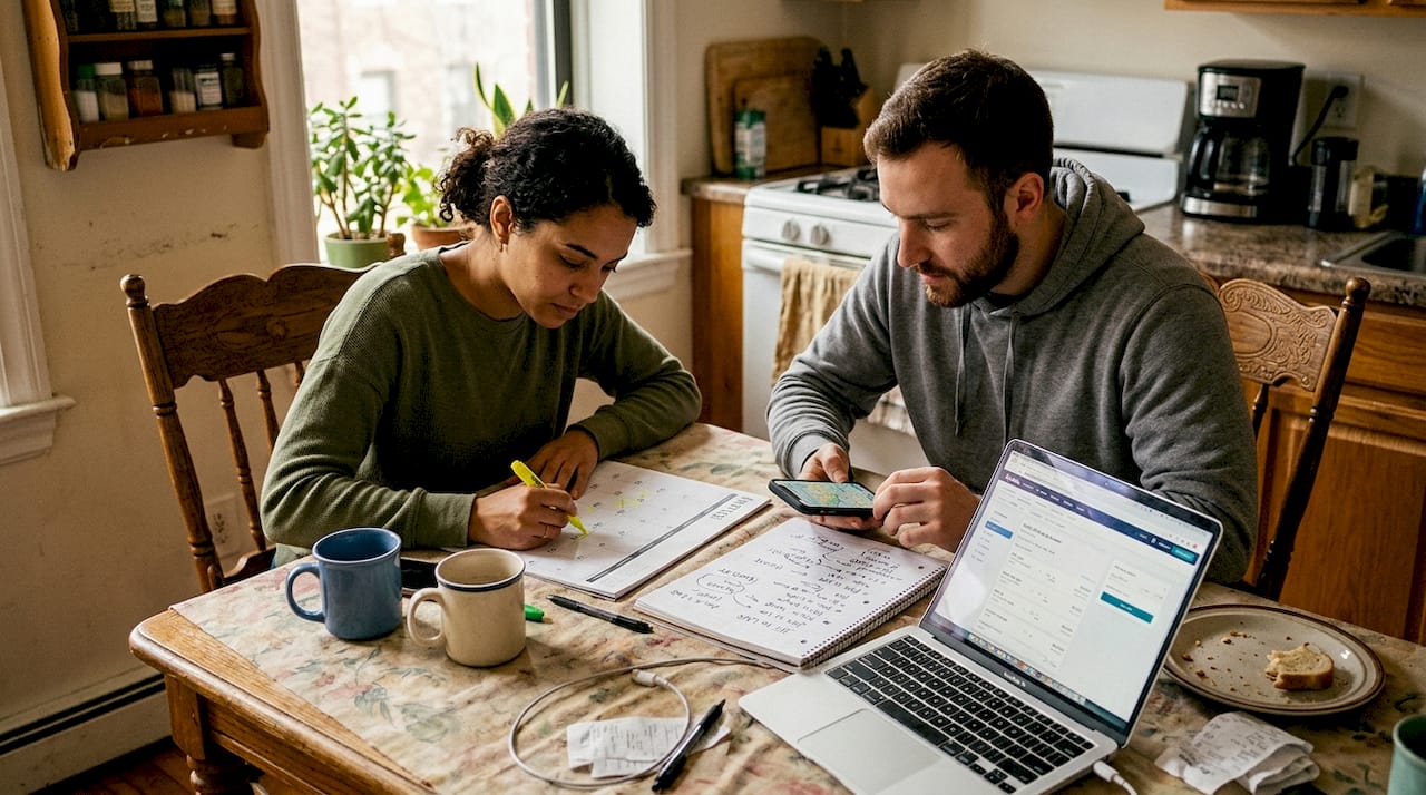 Couple planning flexible travels at kitchen table