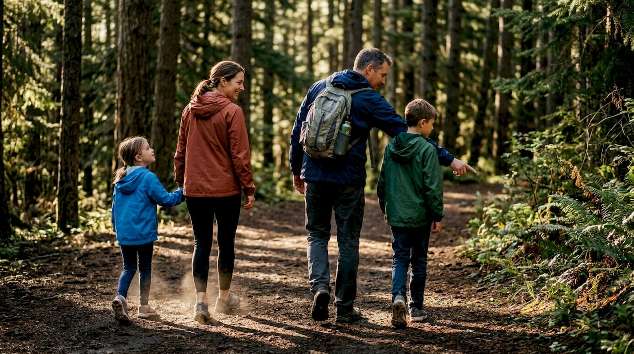 Family hiking together in forest park trail