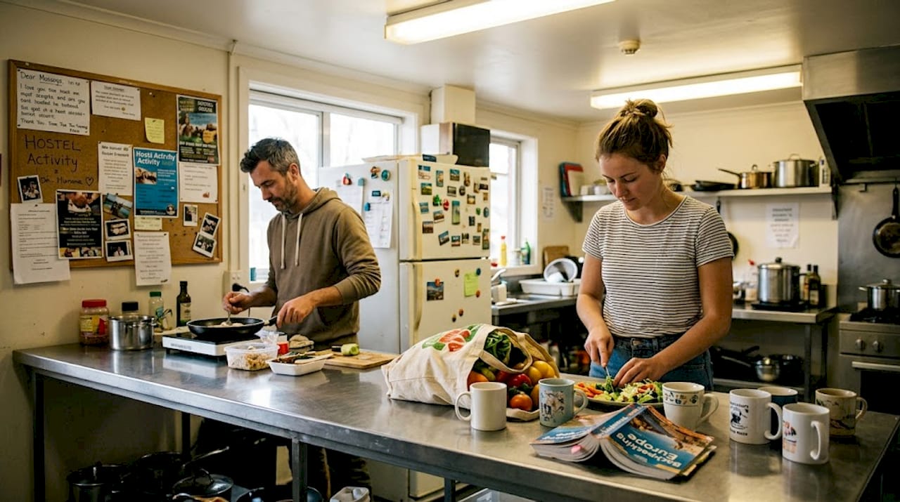 Travelers cooking in shared hostel kitchen