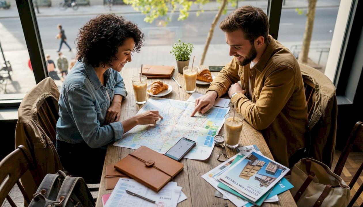 Couple planning trip in sunny caf&eacute;
