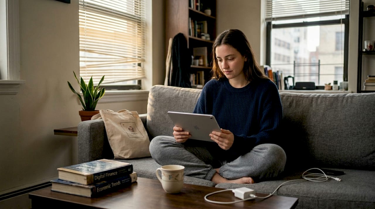 Woman using DeFi app on tablet