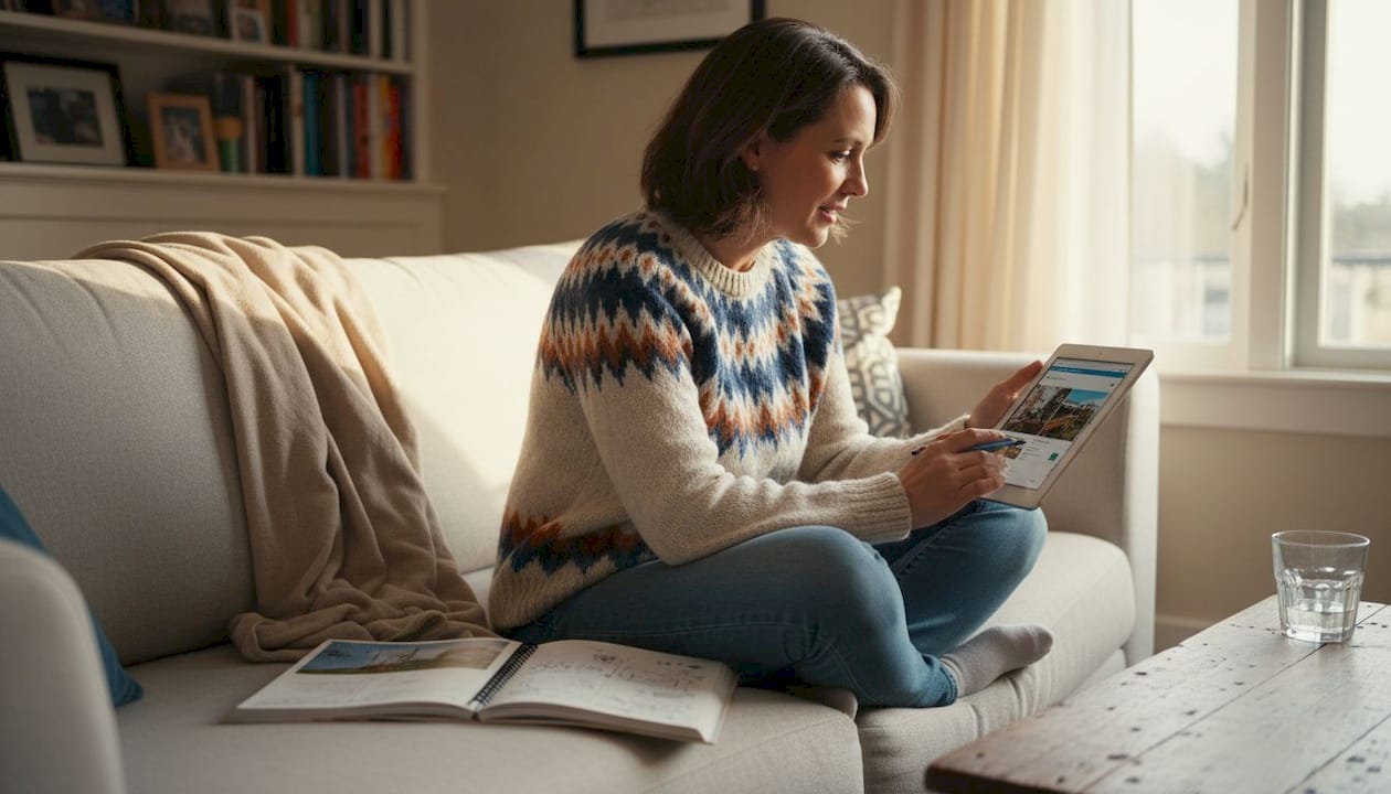 Woman searching hotel deals on living room tablet