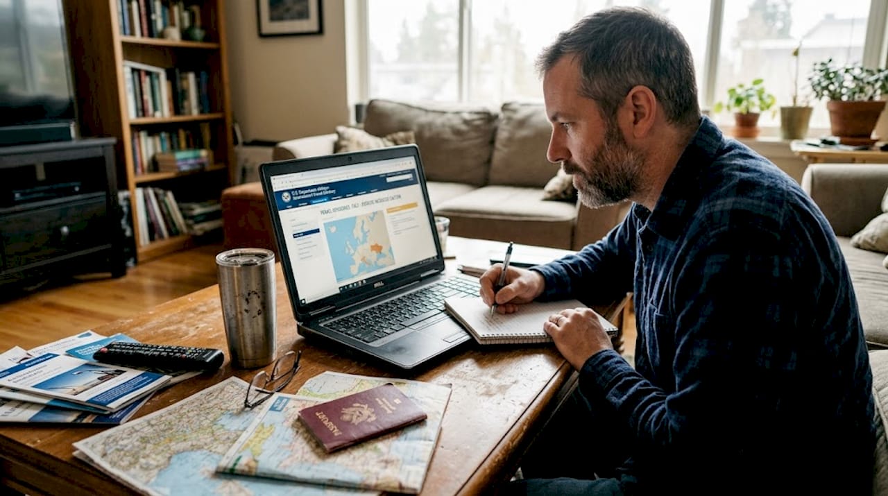 Man checking destination safety at coffee table