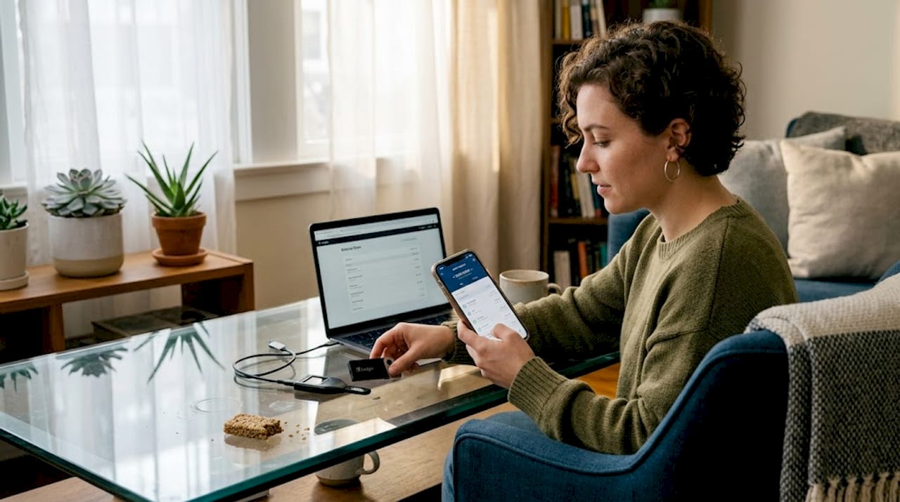 Woman compares hot and cold crypto wallets