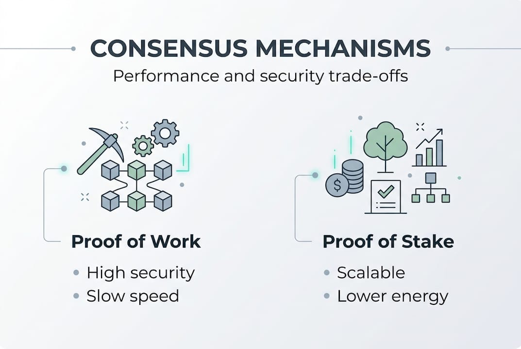 Infographic showing consensus mechanism trade-offs