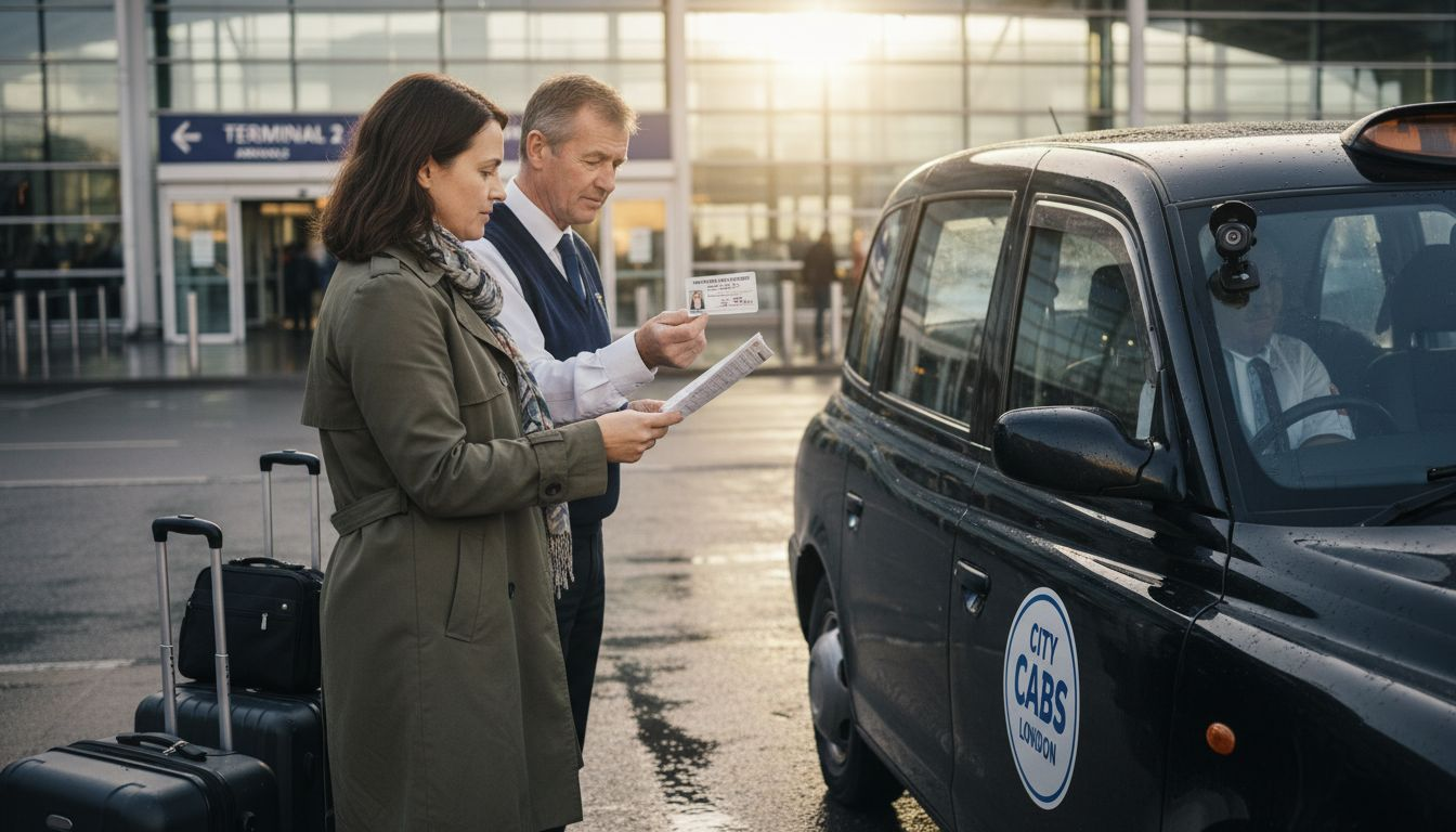 Traveler checking taxi driver’s license at airport