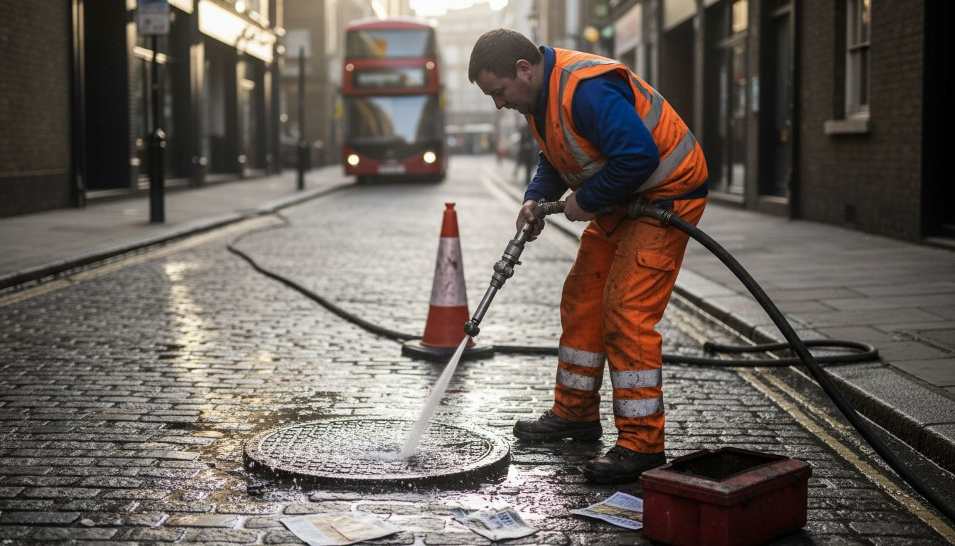 Technician performs hydro jetting drains