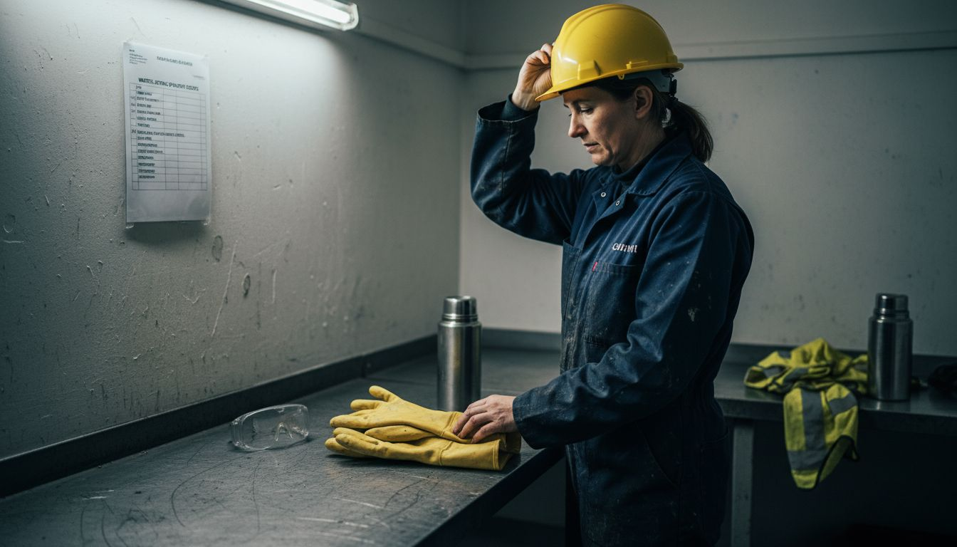Technician organizing safety gear for drain jetting