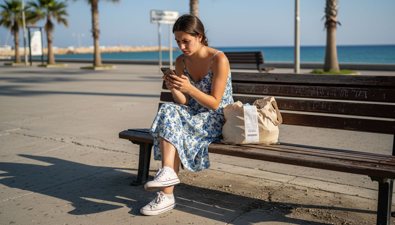 Μια γυναίκα στην παραλία της Λάρνακας χρησιμοποιεί το κινητό της για να καλέσει ταξί μέσω εφαρμογής.