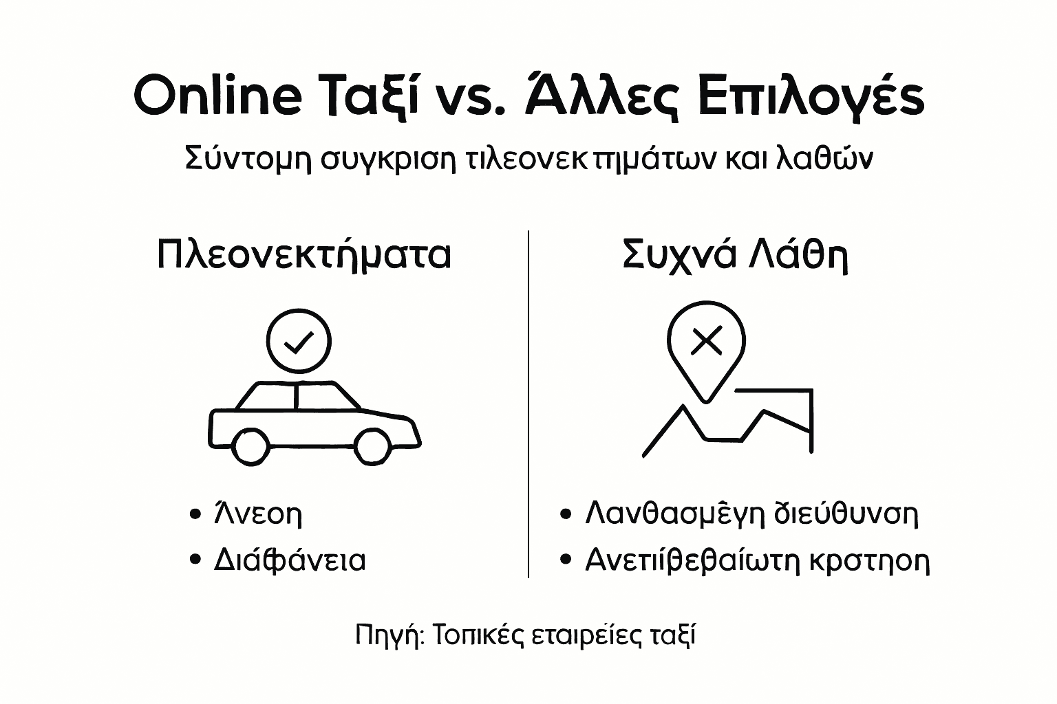 Γραφικό με τα πλεονεκτήματα και τα συχνότερα λάθη στη χρήση ταξί μέσω εφαρμογών