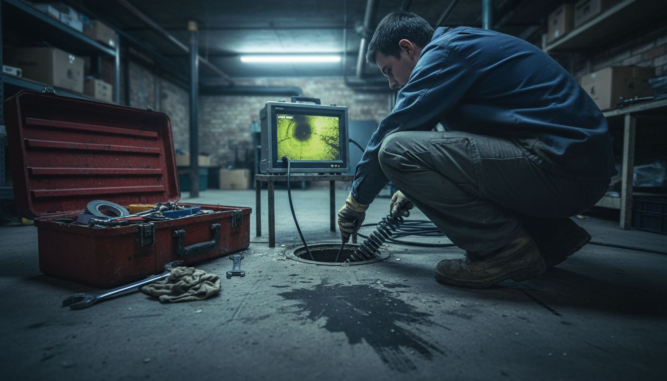 Technician using CCTV to check underground drain