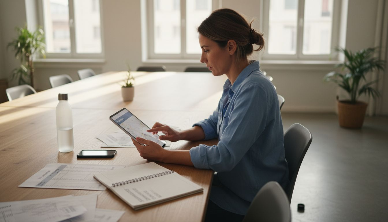Η υπεύθυνη γραφείου οργανώνει τα επαγγελματικά ταξίδια της χρησιμοποιώντας το tablet της.