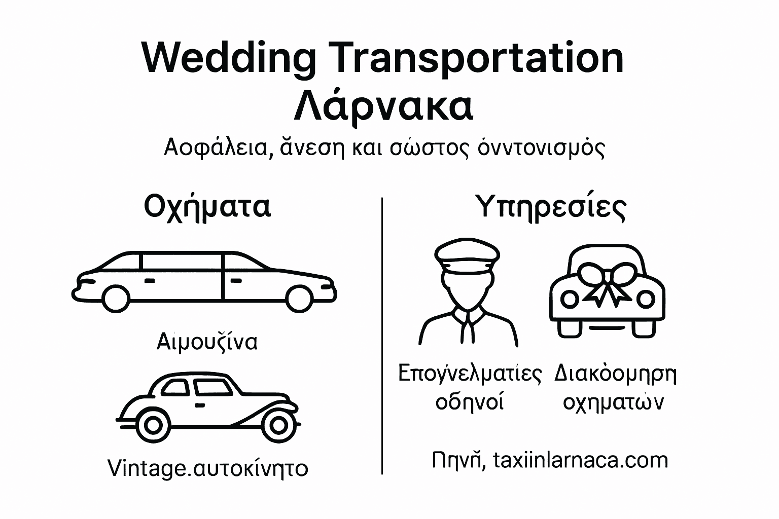 Εικονογραφημένη παρουσίαση με όλες τις επιλογές μεταφοράς για γάμους στη Λάρνακα