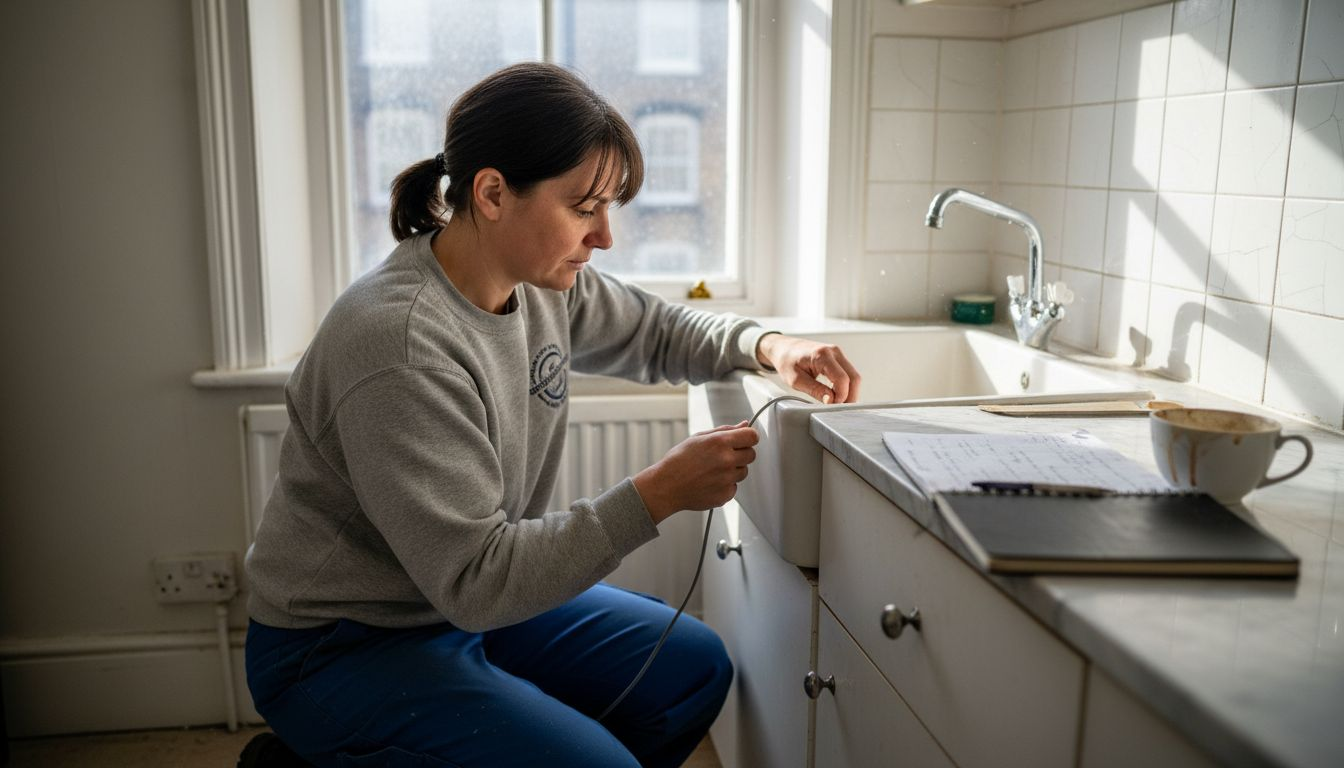 Technician performing indoor drain inspection