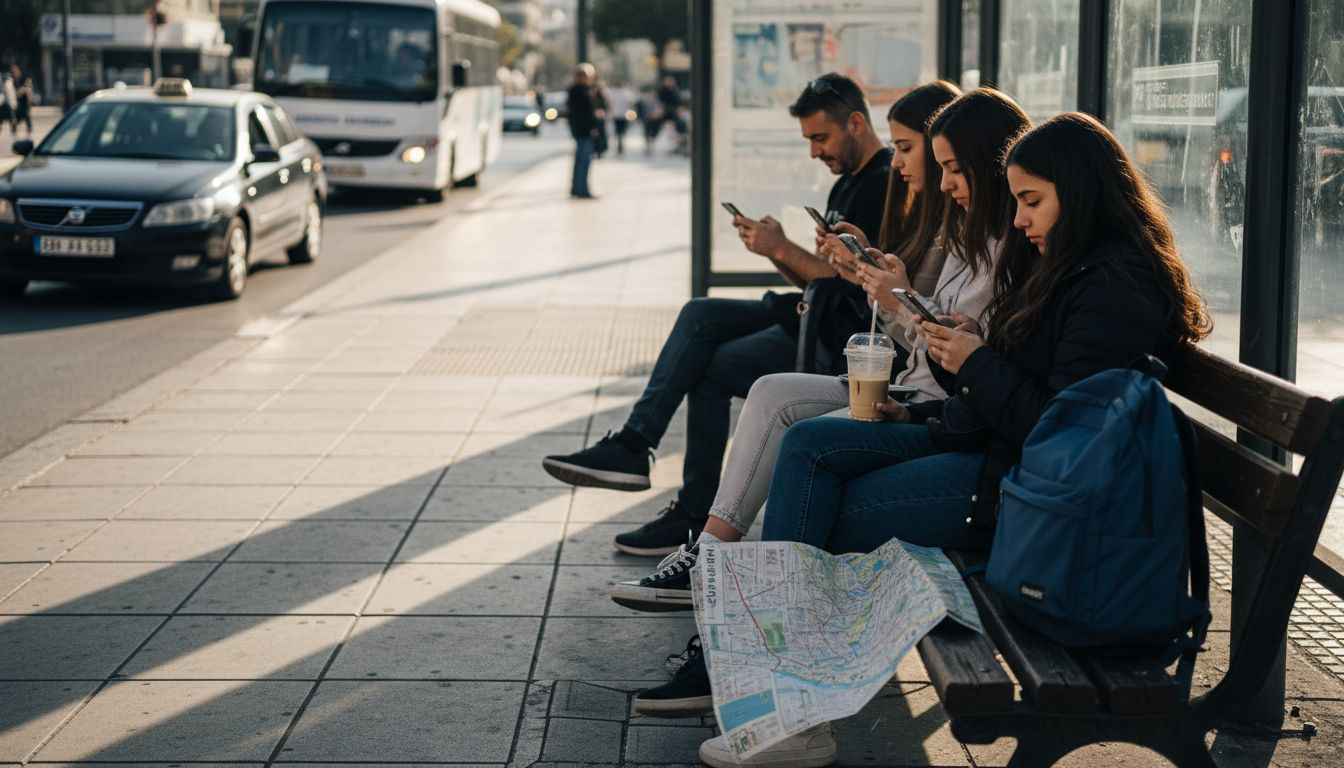 Μια οικογένεια στέκεται στη στάση του λεωφορείου και συζητά αν θα πάρει ταξί ή αν θα περιμένει το shuttle.