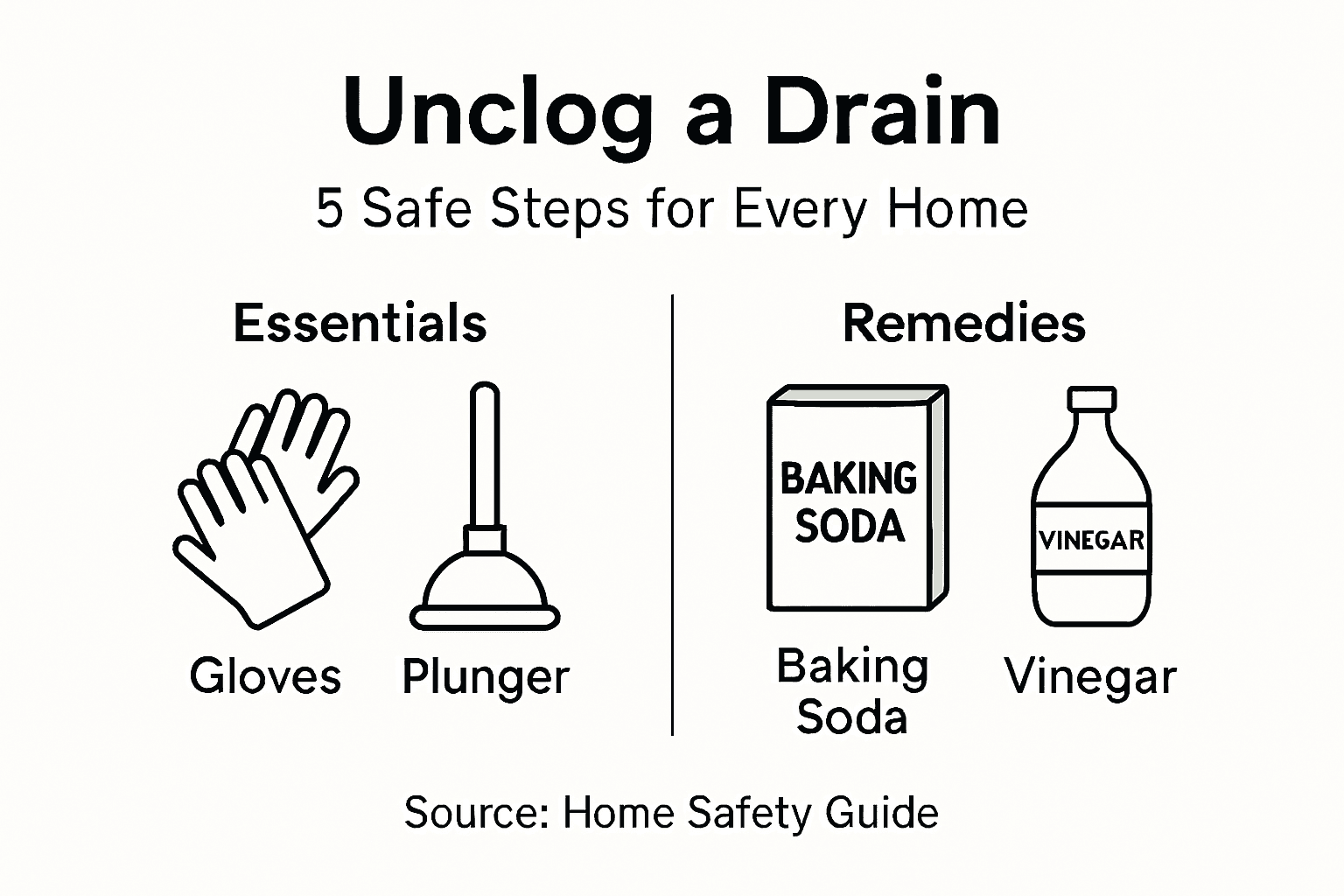 Infographic showing unclog drain steps and essentials