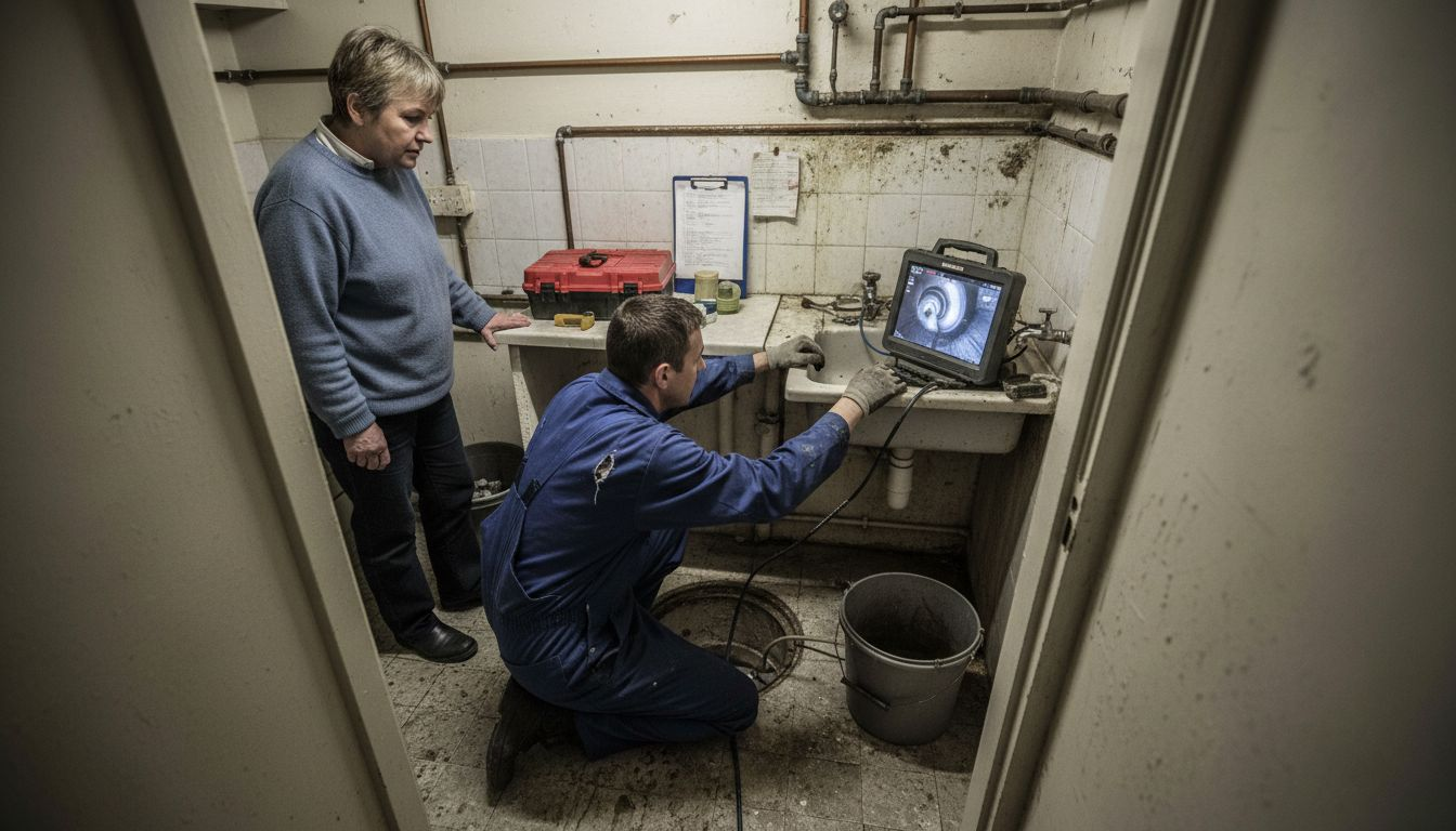 Drain engineer showing inspection footage to homeowner