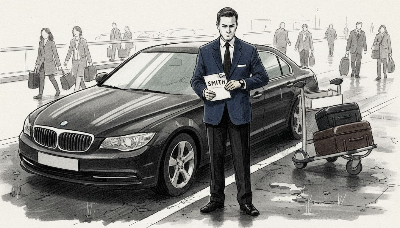 Chauffeur waiting at arrivals with sign