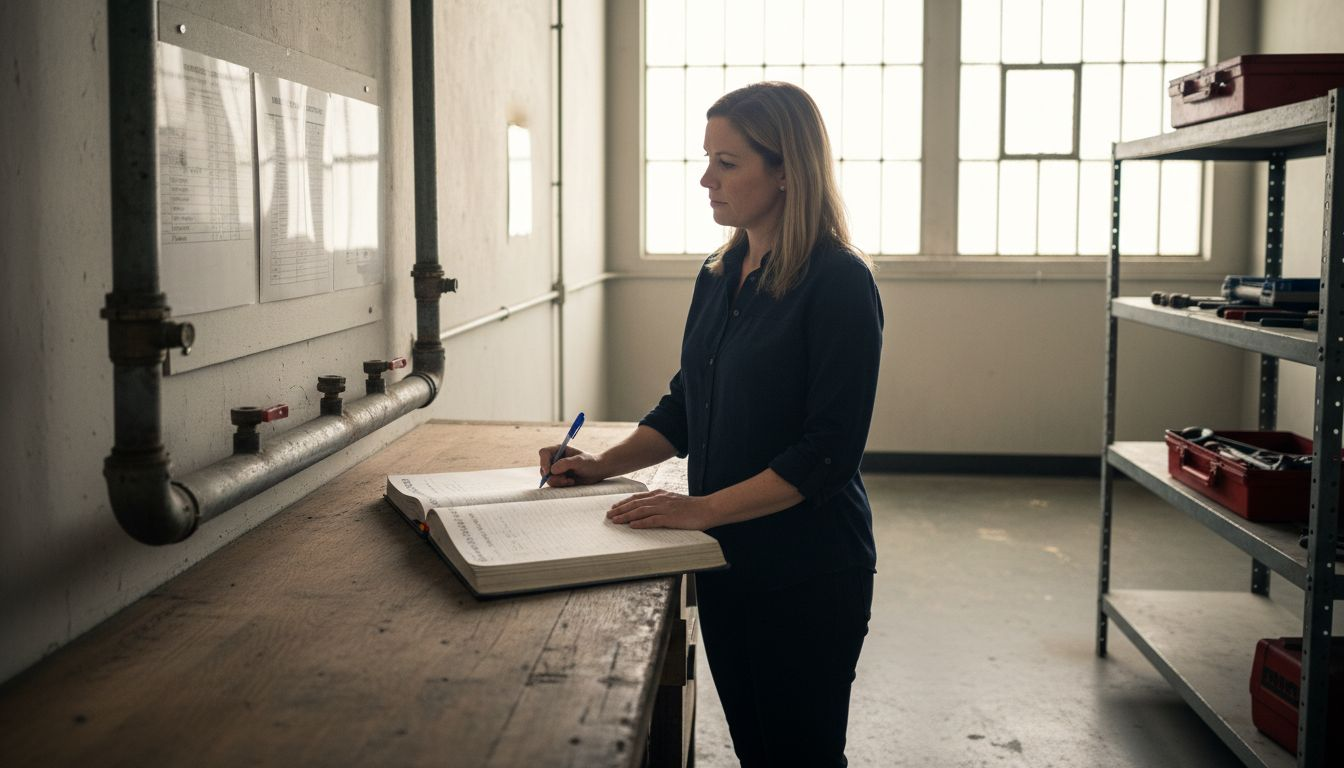 Manager reviewing drain maintenance logbook