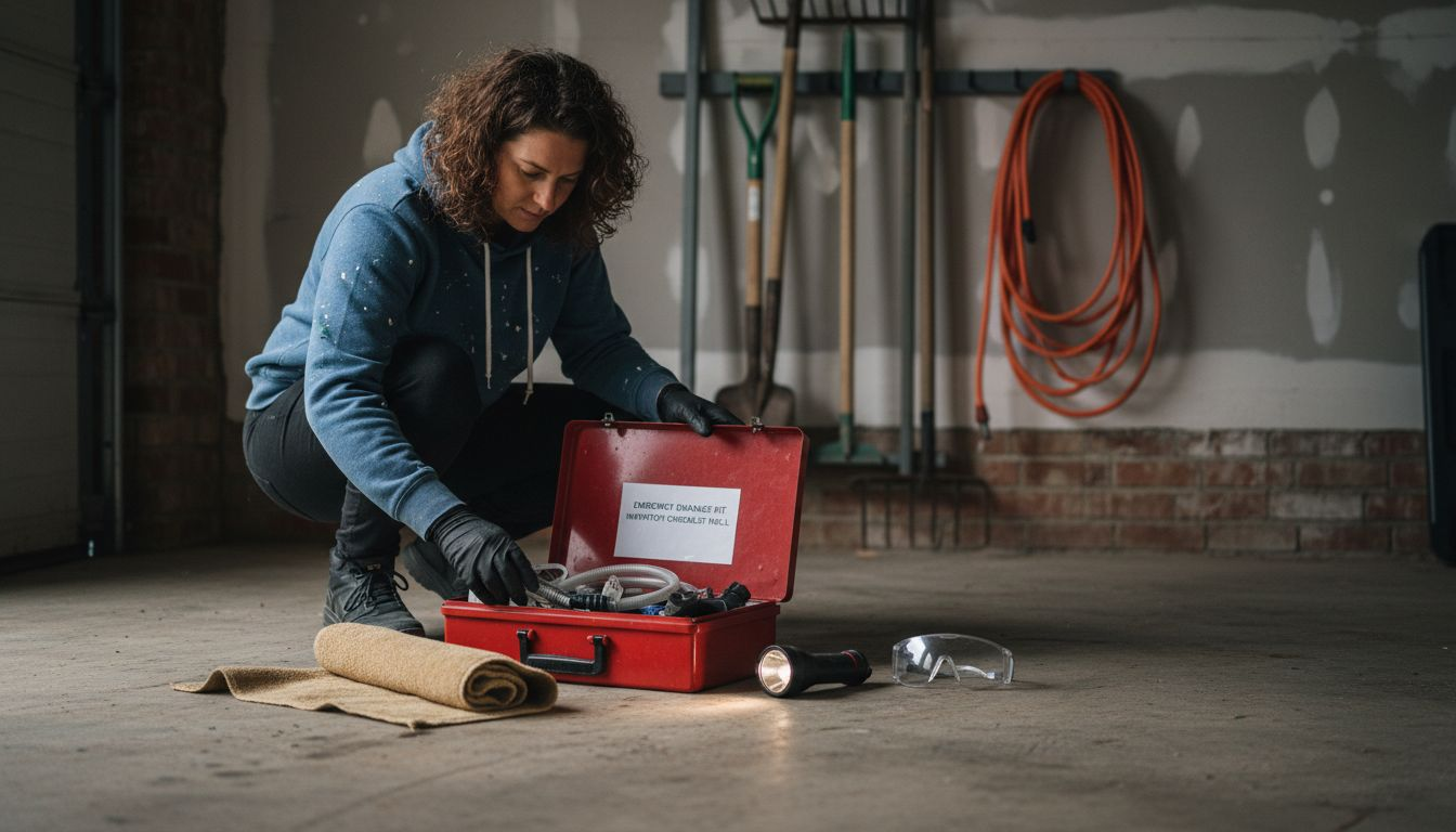 Woman checking emergency drainage kit in garage