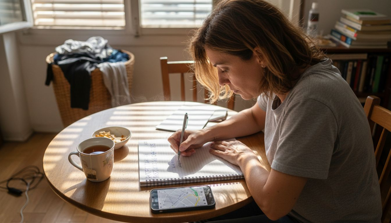 Μια γυναίκα κάθεται στο τραπέζι του σπιτιού της και σημειώνει τι ανάγκες έχει για τις μετακινήσεις της.