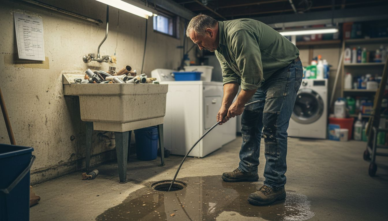 Plumber manually inspecting drain in basement