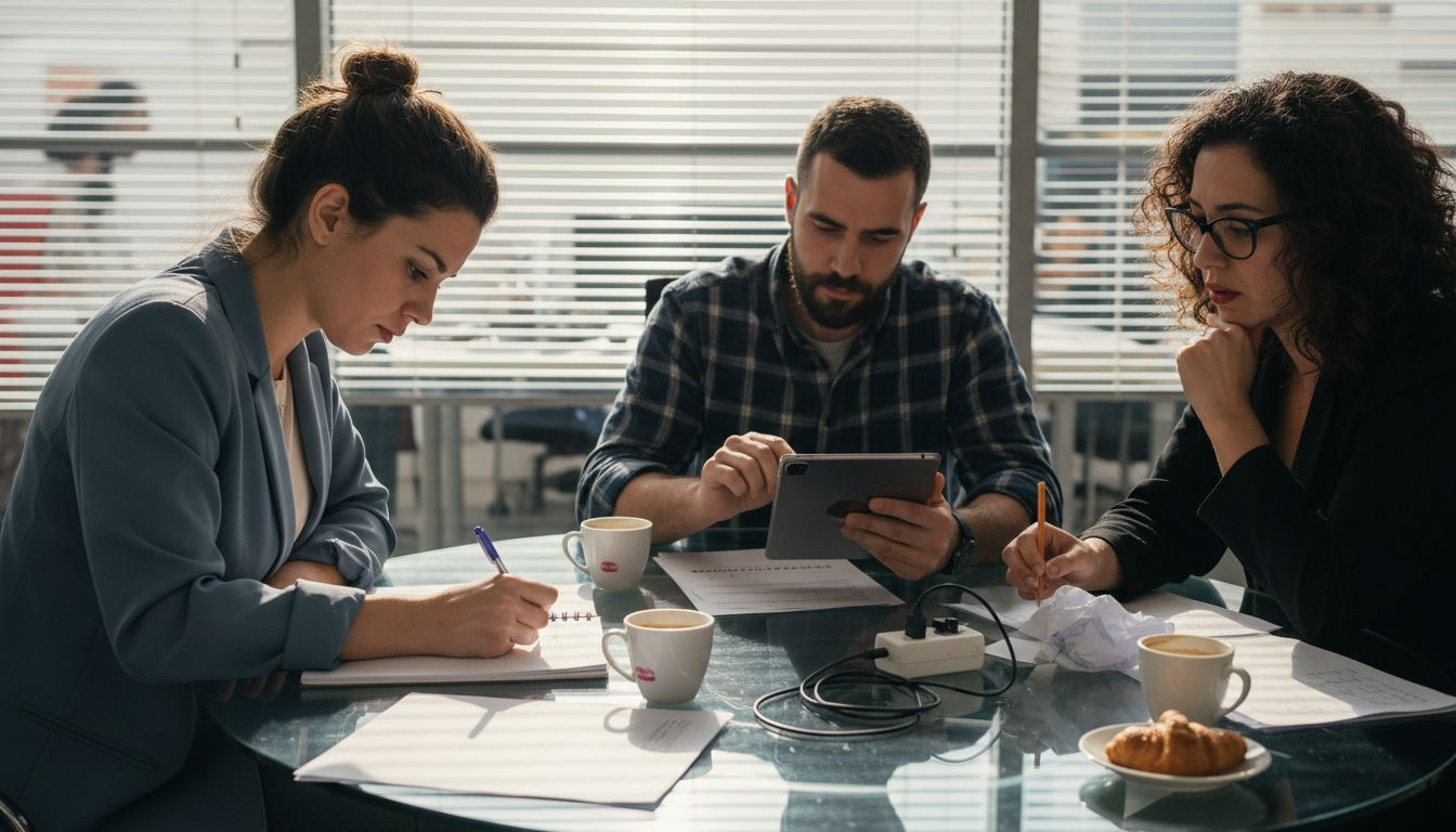 Η ομάδα συζητά γύρω από το τραπέζι τις ανάγκες της για επαγγελματικά ταξίδια.