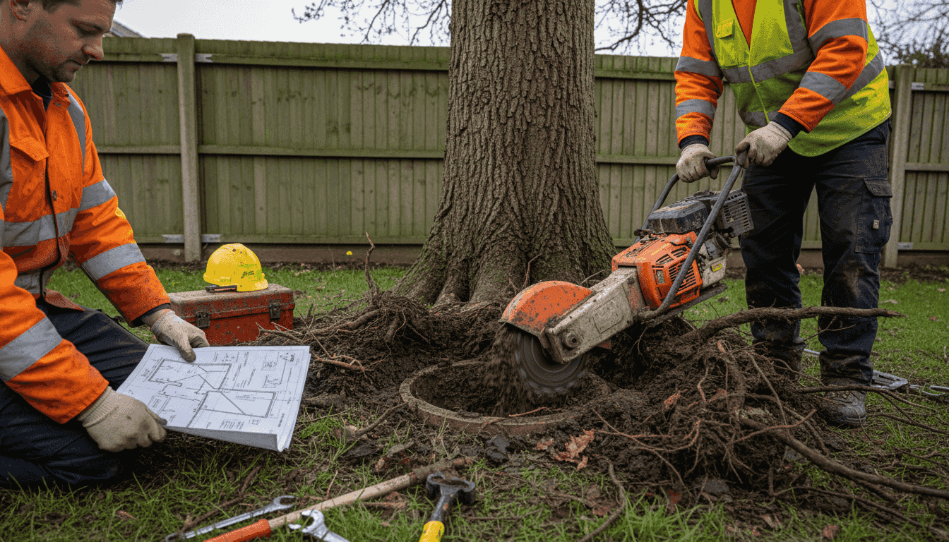 Workers removing tree roots from blocked drain