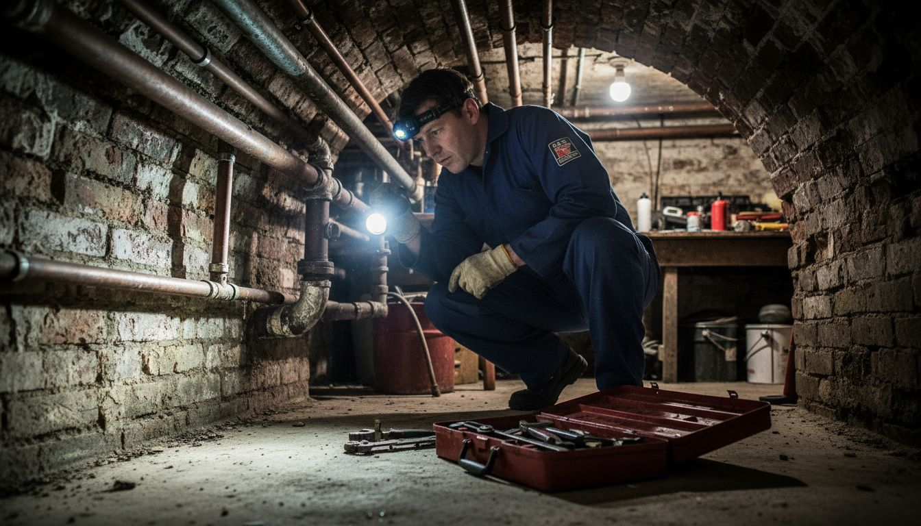 Plumber inspecting foul water pipe in basement