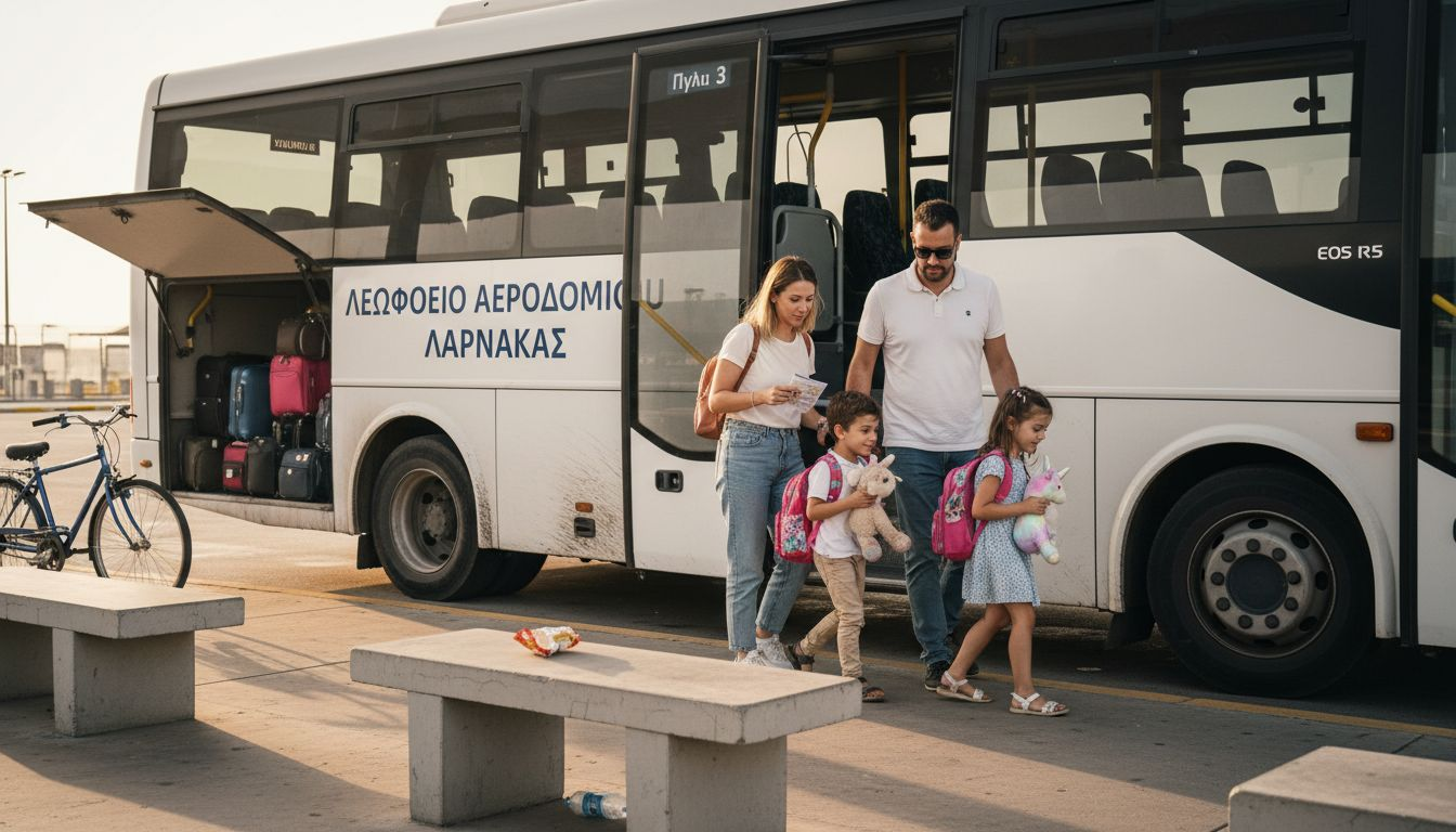 Μια οικογένεια επιβιβάζεται στο λεωφορείο του αεροδρομίου στη Λάρνακα.