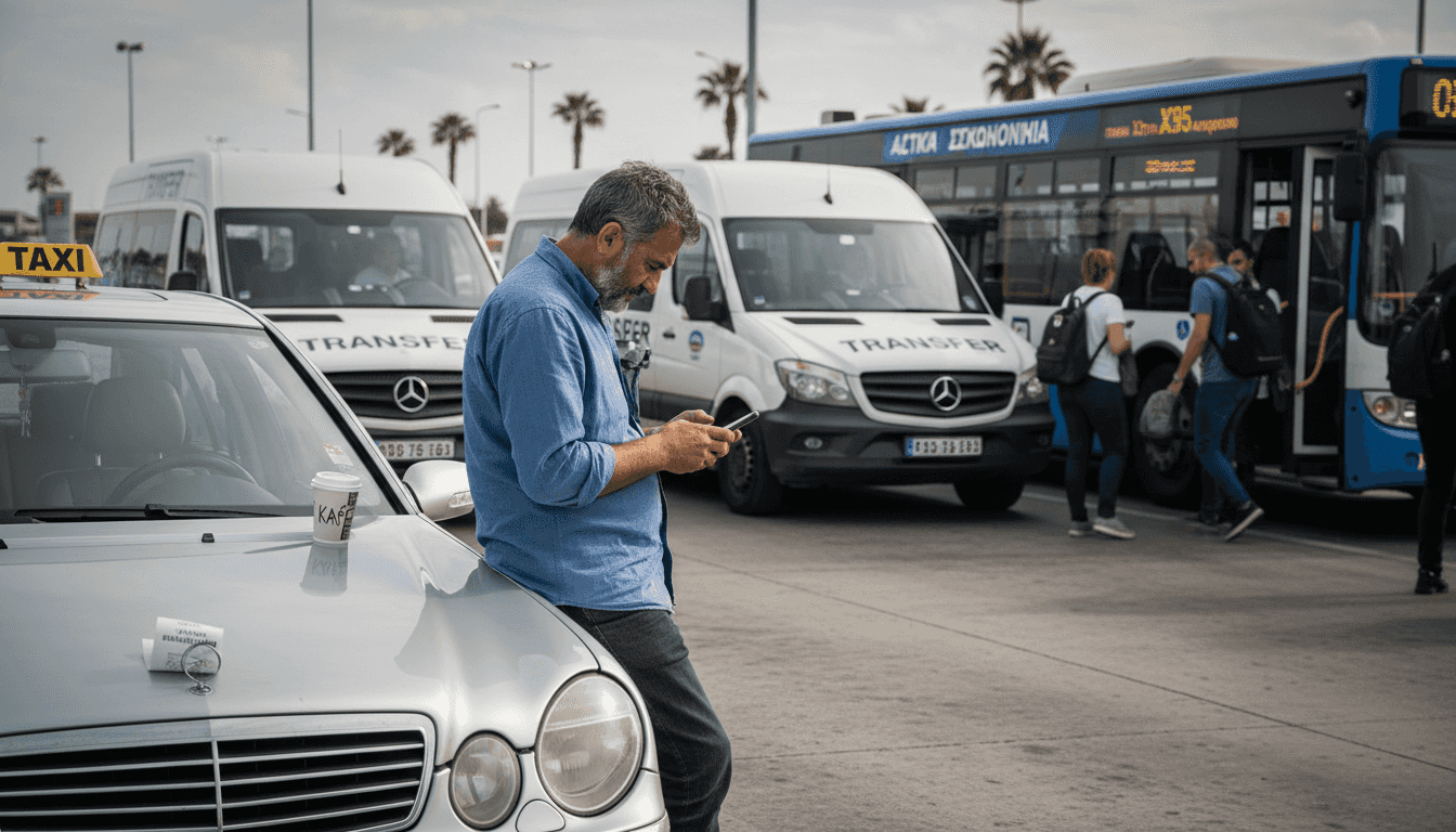 Οδηγοί ταξί και shuttle περιμένουν στην πιάτσα του αεροδρομίου για να εξυπηρετήσουν τους ταξιδιώτες.