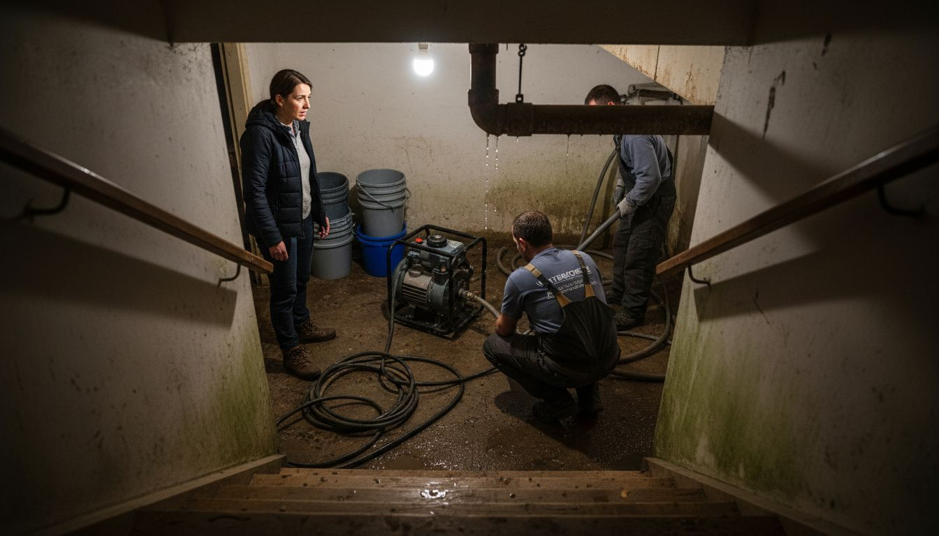 Basement emergency drainage pump setup scene