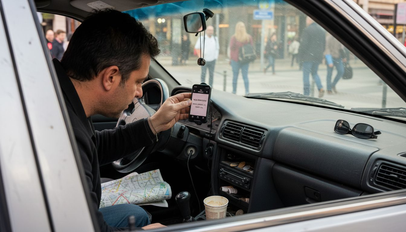 Ο οδηγός ταξί κοιτάζει το κινητό του μέσα στο αυτοκίνητο για να επιβεβαιώσει την ηλεκτρονική κράτηση.