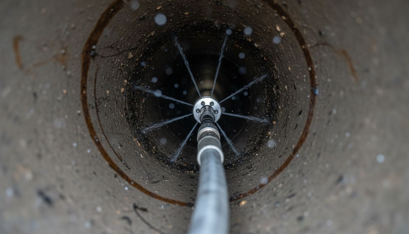 Close-up water jetting nozzle in pipe