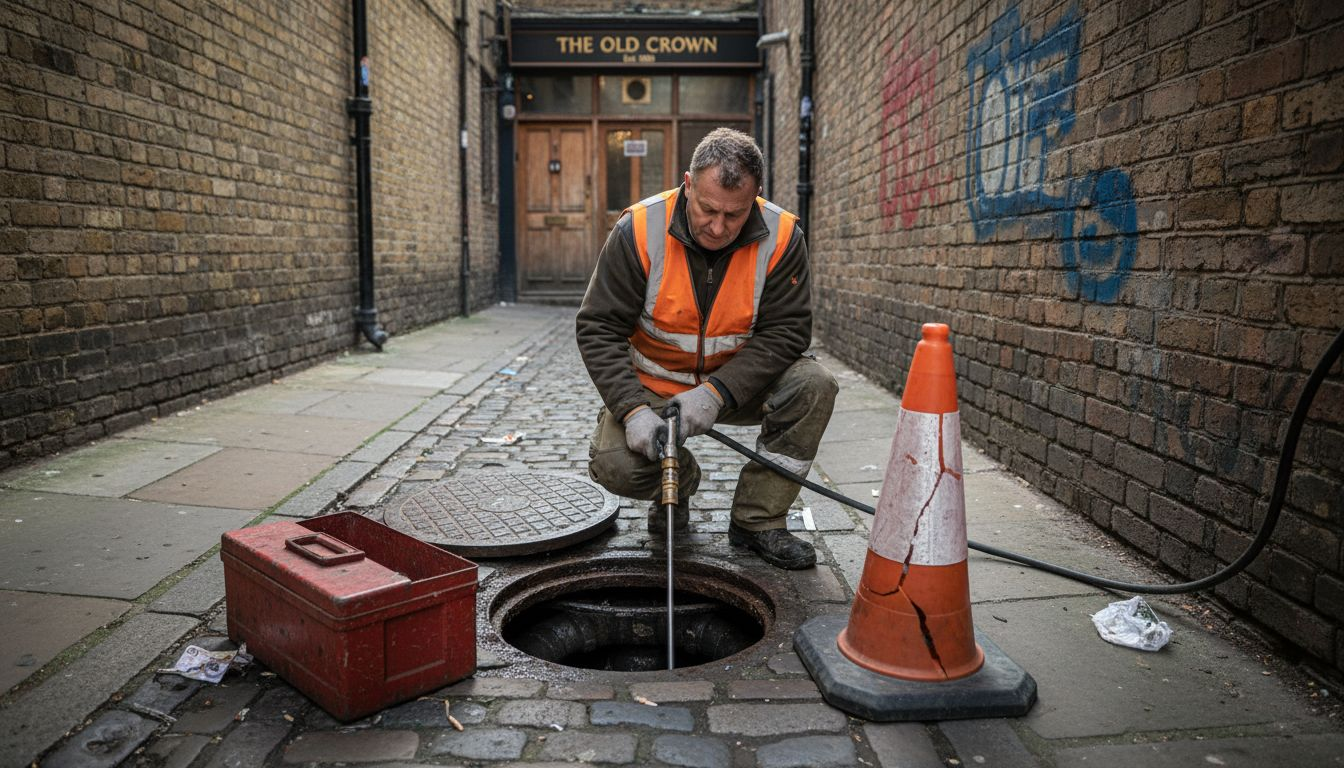 Drain jetting operator set up behind London pub