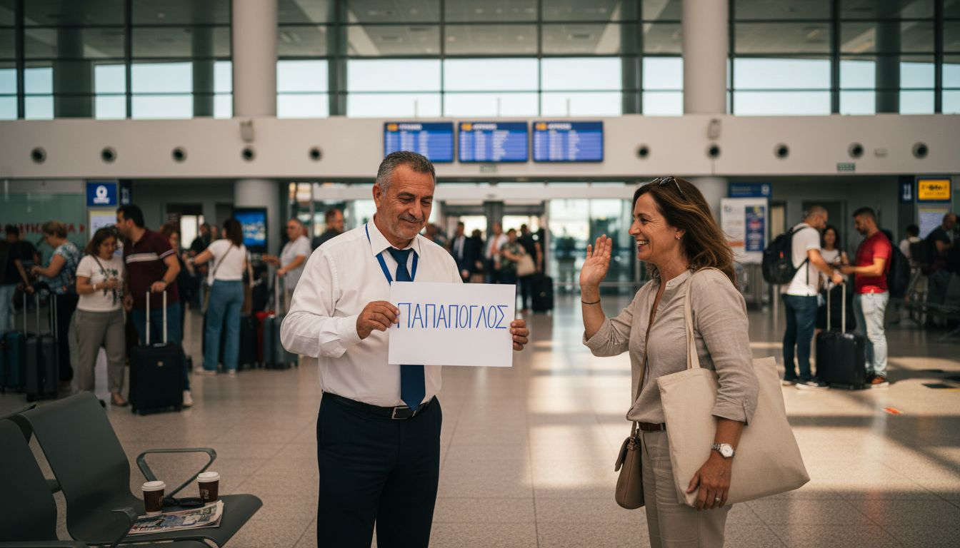 Ο οδηγός υποδέχεται τον επιβάτη μέσα στο αεροδρόμιο της Λάρνακας.