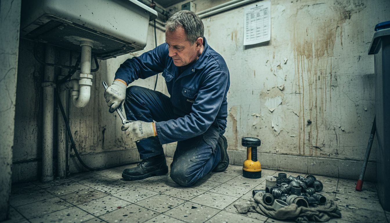 Plumber repairing leaking underground drain pipe
