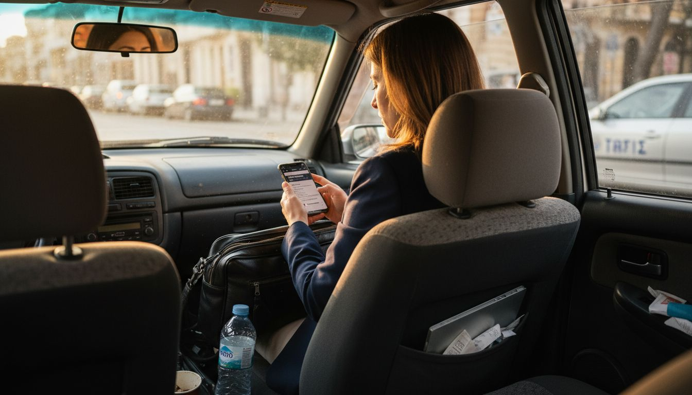 Επιχειρηματίας γυναίκα αξιοποιεί εταιρικό ταξί στην Κύπρο για τις επαγγελματικές της μετακινήσεις.