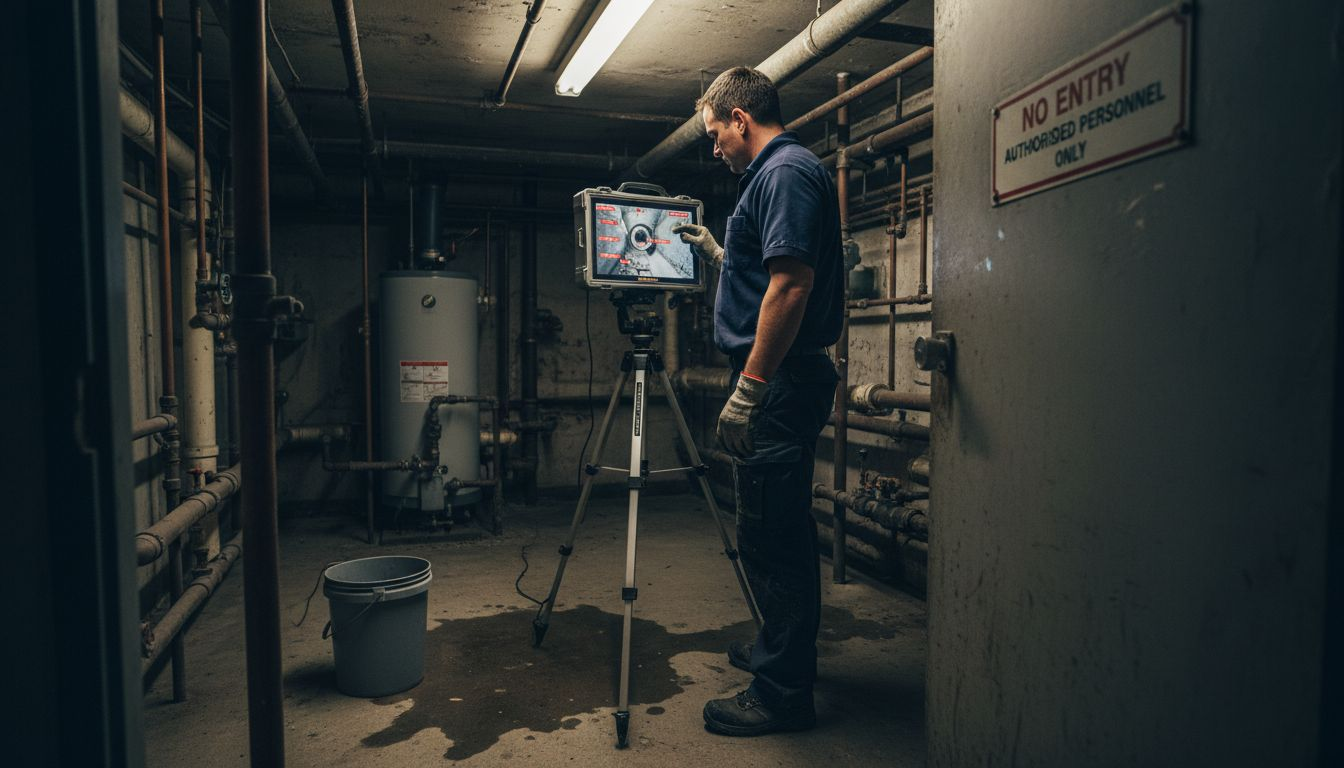 Surveyor monitoring drain camera footage in basement