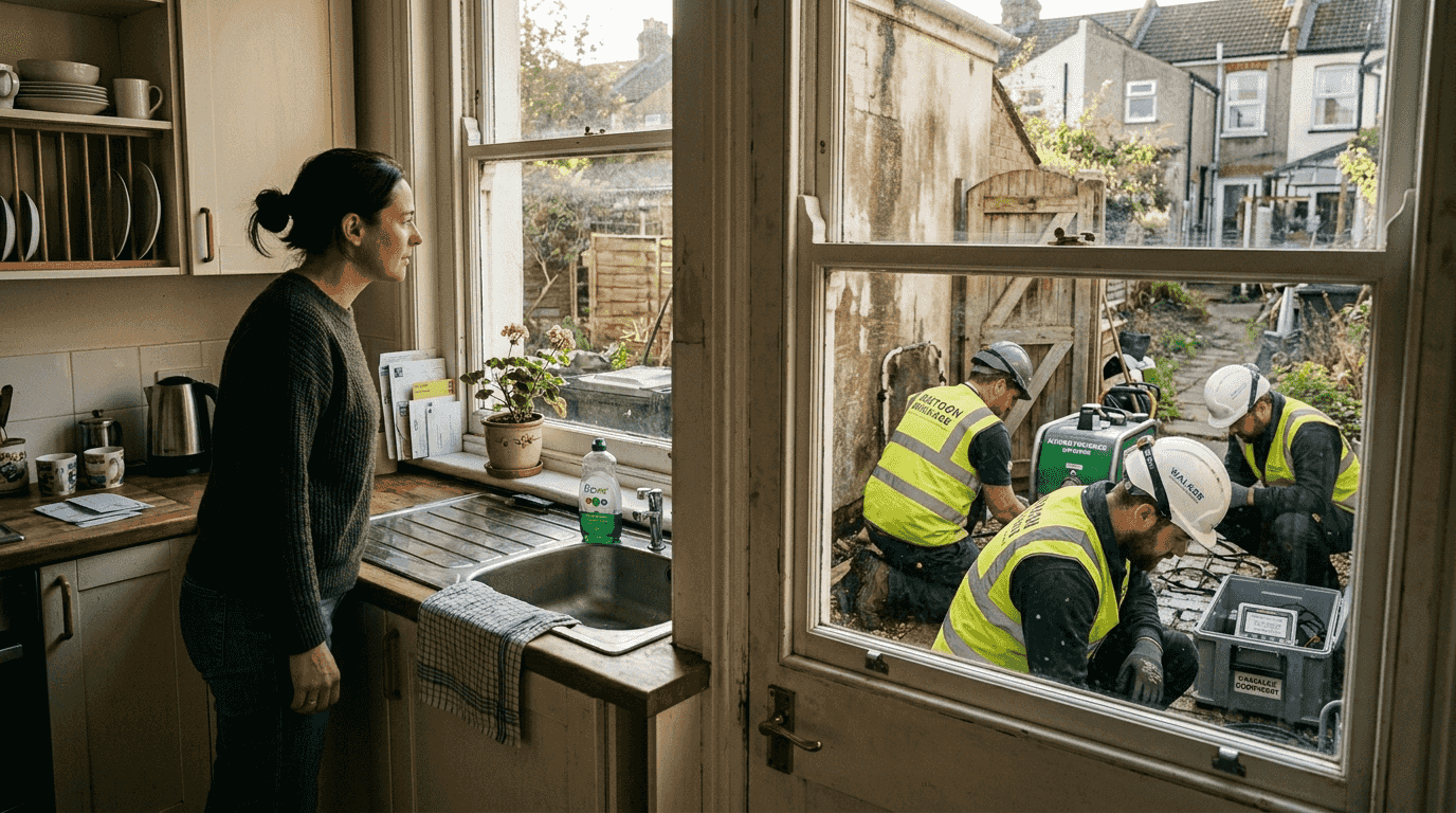 Homeowner observing drain relining process