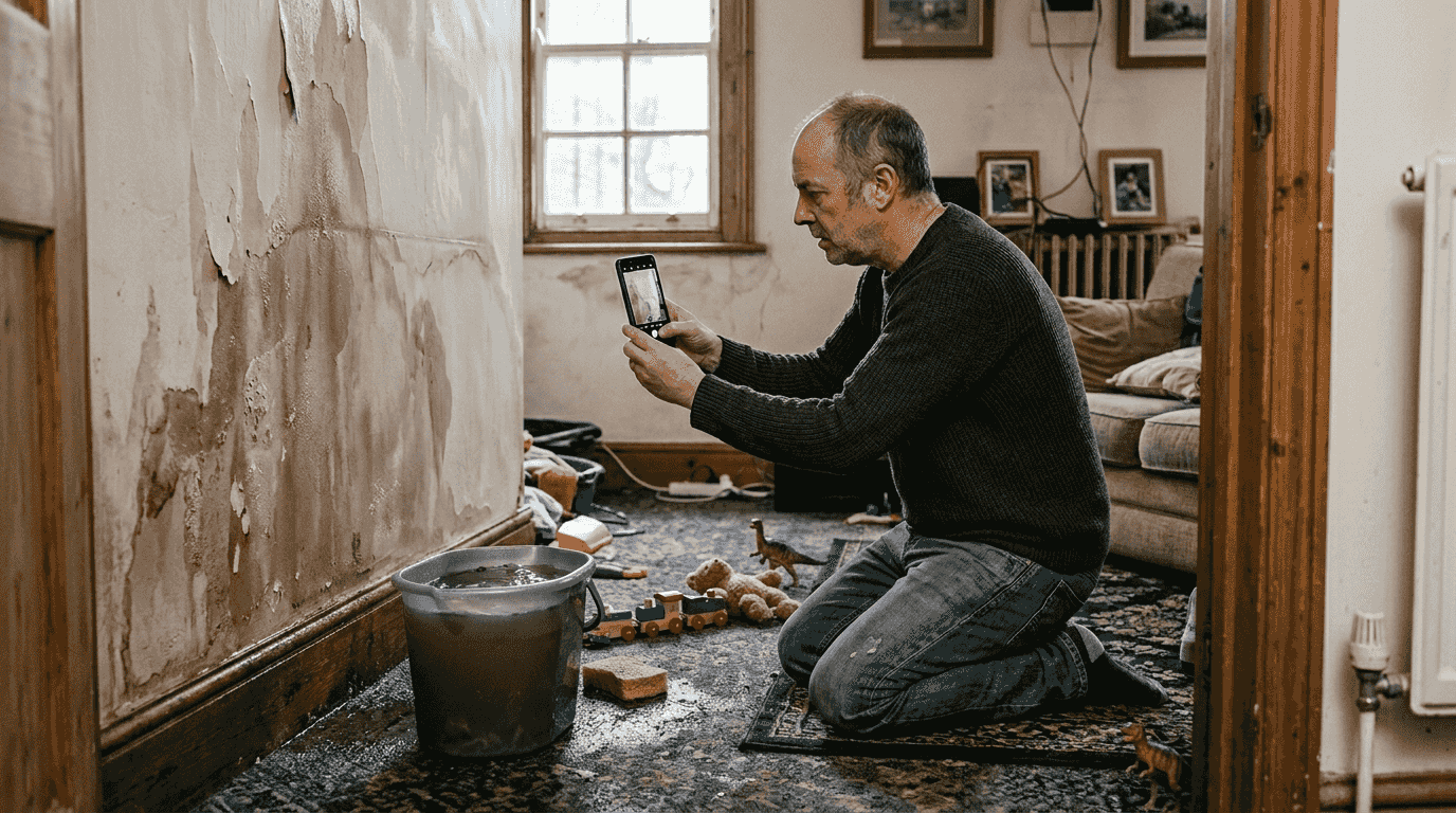 Homeowner documenting drainage damage indoors