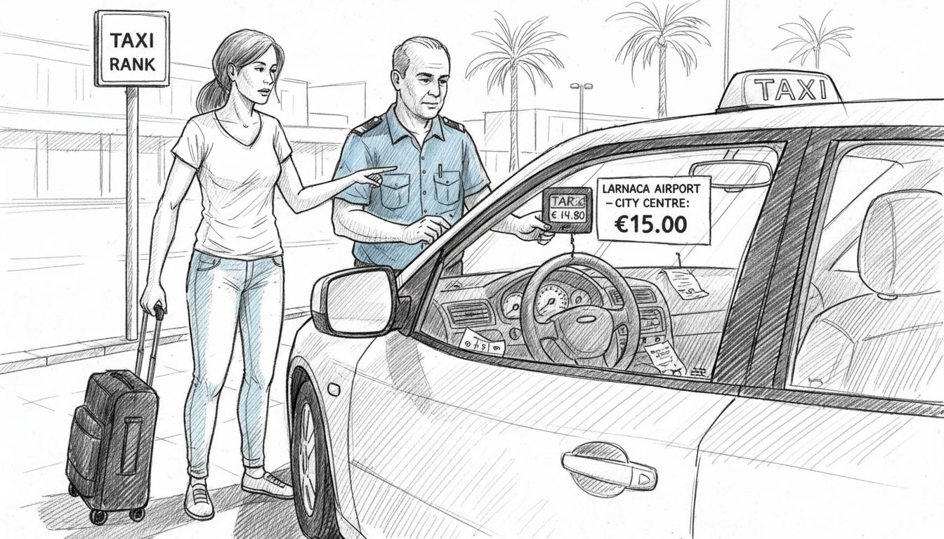 Tourist and driver discuss taxi fare at rank