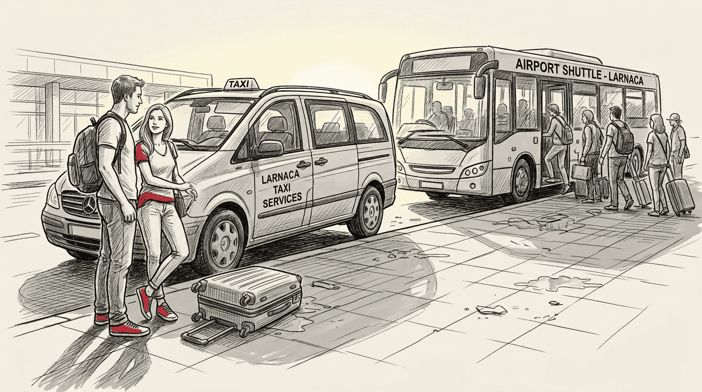 Couple choosing between taxi and shared shuttle