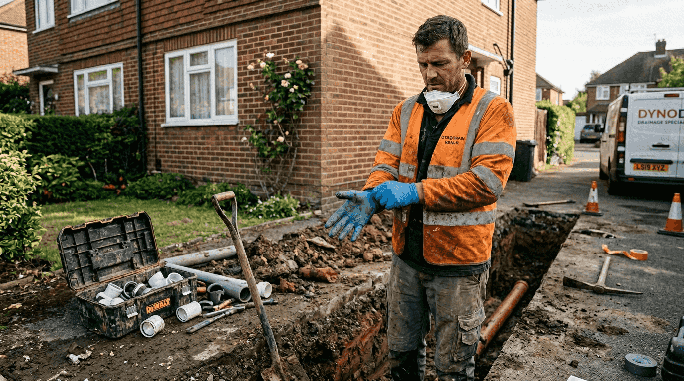 Technician wearing safety gear for drain repair