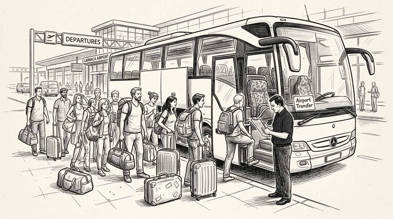 Group boarding coach at Larnaca airport