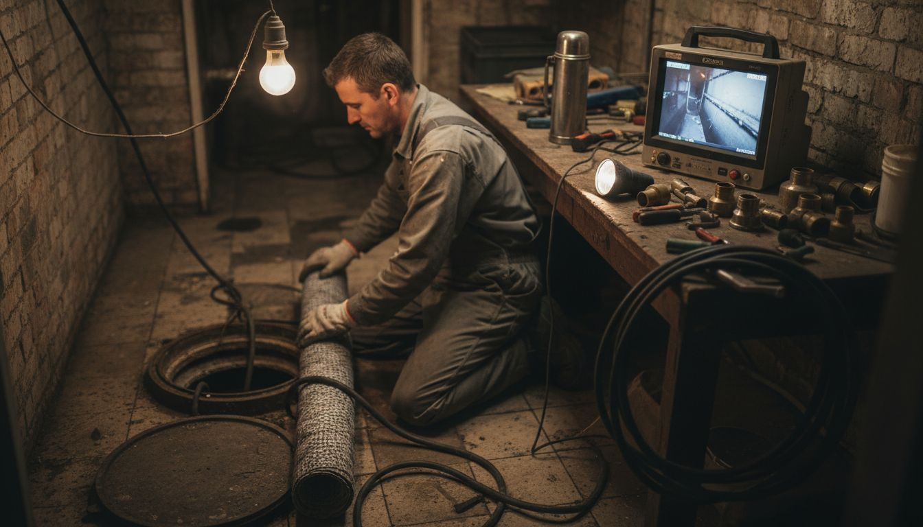 Technician prepares drain relining in basement